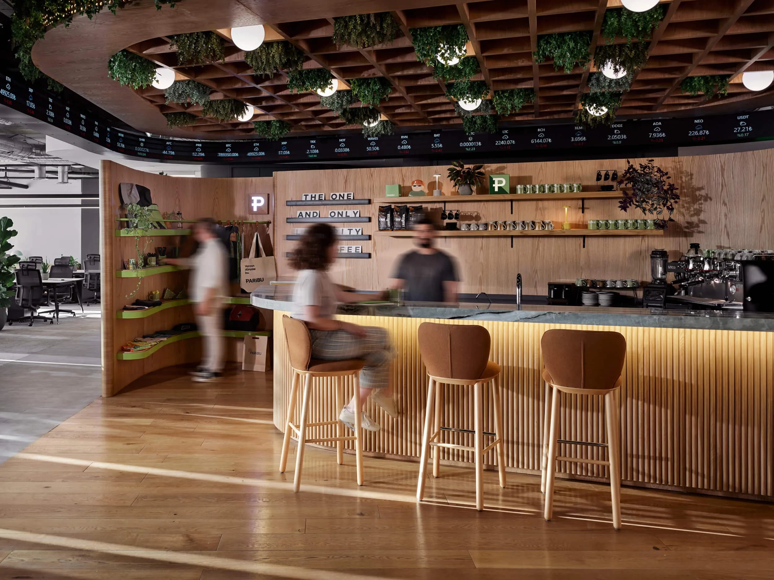 Casual bar area with wooden stools